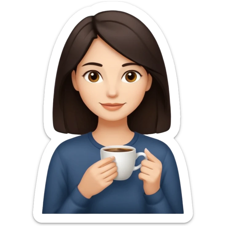 Calm and confident woman with dark shoulder-length hair, warm skin tone, soft features. Sitting by a window, peacefully sipping coffee with a gentle smile. Relaxed, natural vibe. sticker