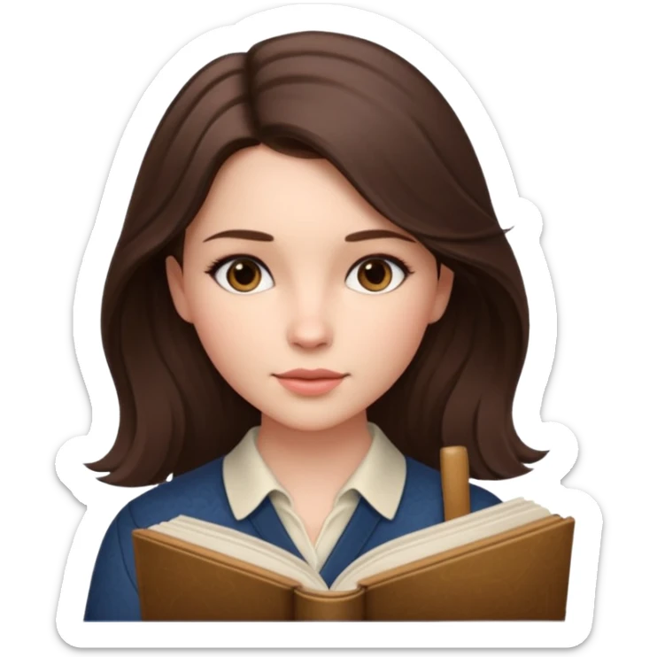 Cinematic Realistic Journal Portrait, depicted with lifelike skin texture, subtle rosy undertones, and soft natural lighting that enhances the gentle contours of her face. Her intricately detailed brunette hair is elegantly styled , sticker