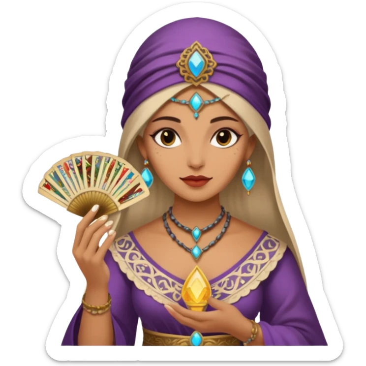 mystical fortune-teller woman holding a fan of tarot cards sticker