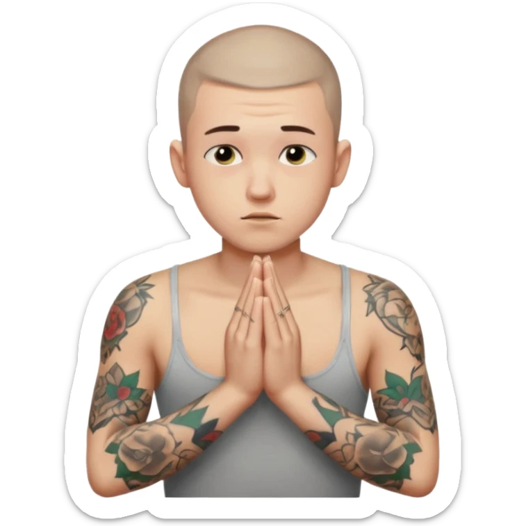 A 20 year old white man with a buzz cut and tattoos all over his arms and chest. Pleading face with hands praying  sticker