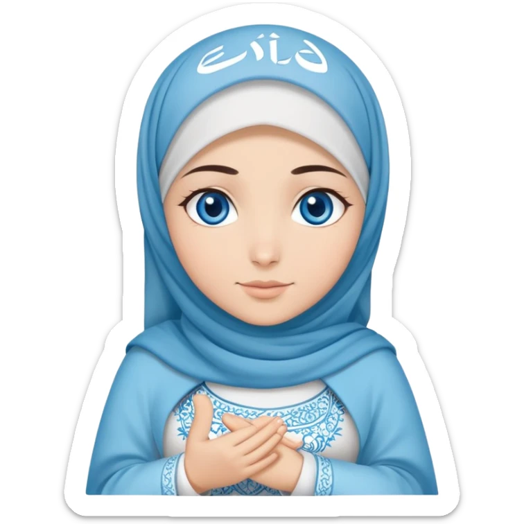 Turkish beautiful finish Konya girl blue eyes with cloudy hijab islamic dress and had on her hand text Eid Mubarak  sticker