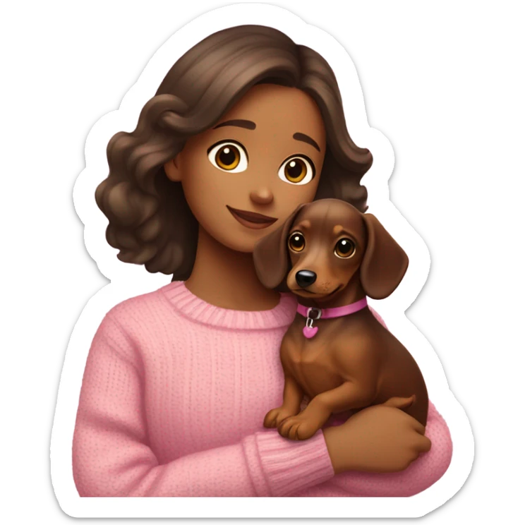 Brunette girl with long hair in a pink sweater holds a dachshund puppy in her arms sticker
