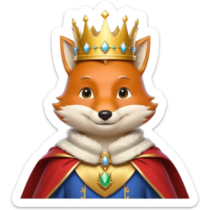 fox king portrait, head and shoulders only, elegant golden crown, noble cloak collar, clever confident smile, fantasy kingdom vibe, 3D cartoon, mobile game icon style, clean background, no text, no watermark
 sticker