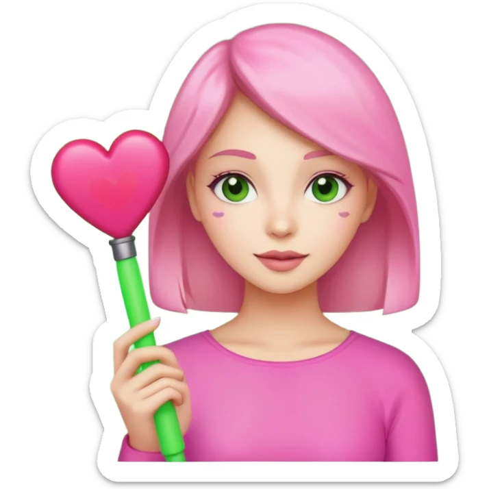 A lovely woman in pink with a square green light stick and with heart sticker