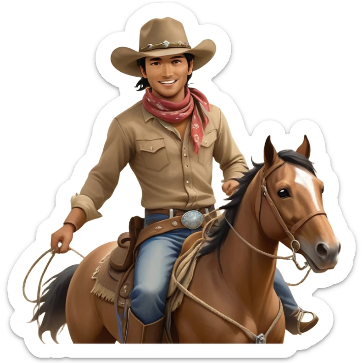 clash-of-clans-aesthetic_-cinematic-playful-cowboy-portrait-emoji, head-tilted with a roguish, cheeky grin and twinkling eyes, featuring a wide-brimmed cowboy hat and a weathered bandana on tan skin, riding a powerful galloping horse with dynamic flowing mane, reins gripped firmly in one hand and a lasso in the other, as dust swirls behind them in a vast desert landscape. sticker