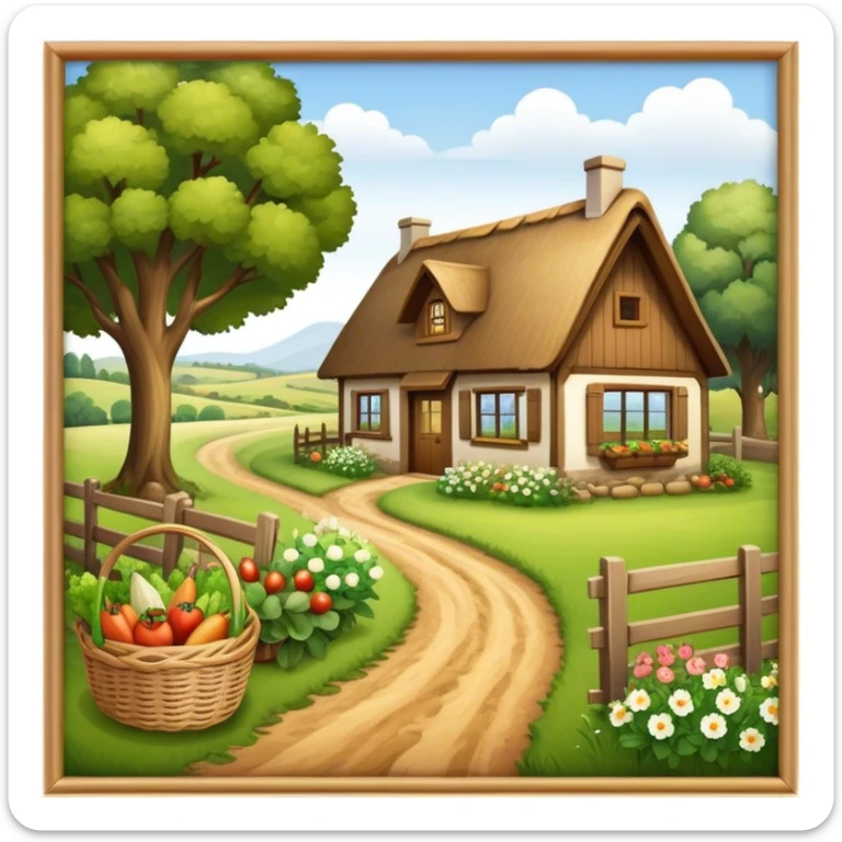 Icon for Rural Tourism: a peaceful countryside scene with a wooden cottage, a dirt path, grazing animals, and a basket of fresh produce. The icon should represent the tranquility and charm of rural life. Transparent background. sticker