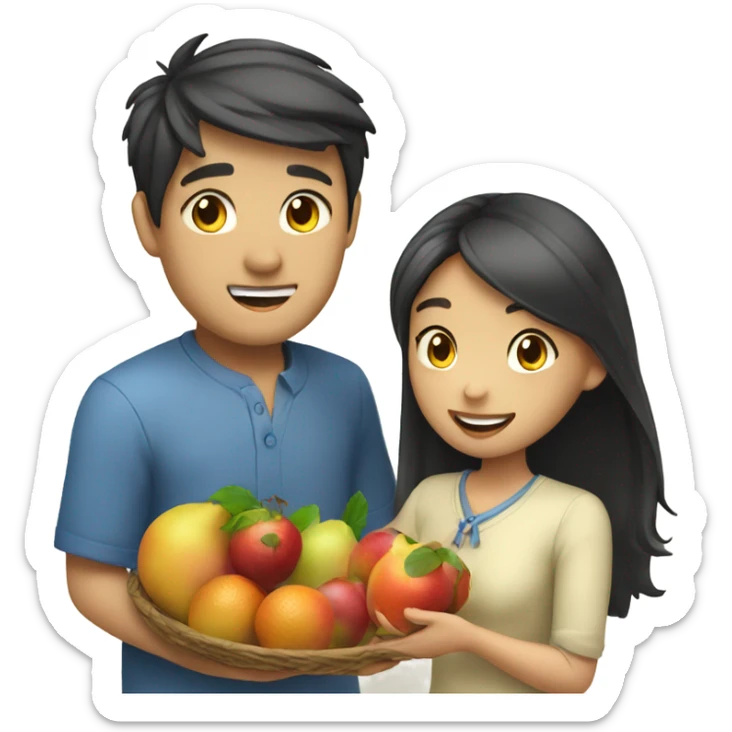 Asian girl giving fruits to man with blue eyes sticker