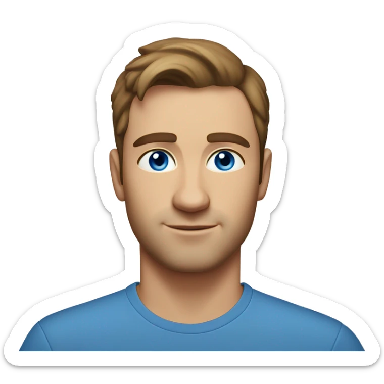 A head and shoulders shot of a 33 year old Caucasian man, with short brown hair,   with blue eyes wearing a t-shirt. sticker