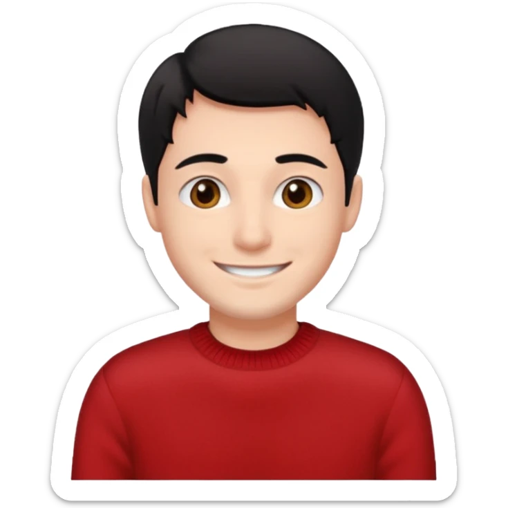emoji of a smiling guy with a red sweater, brown eyes, and black hair sticker