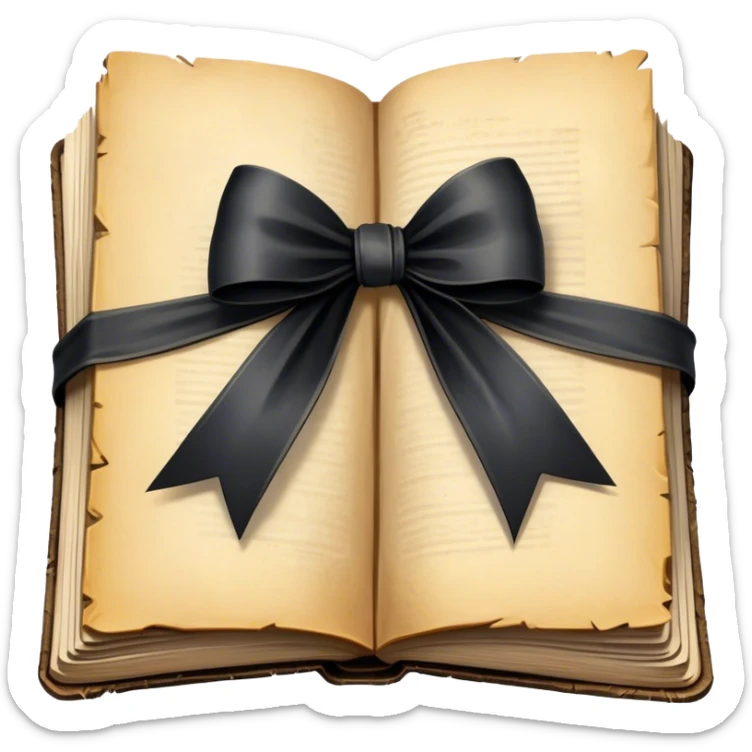 "A vintage book wrapped in aged parchment and tied with a silky black bow, hinting at a forgotten story filled with secrets."
 sticker
