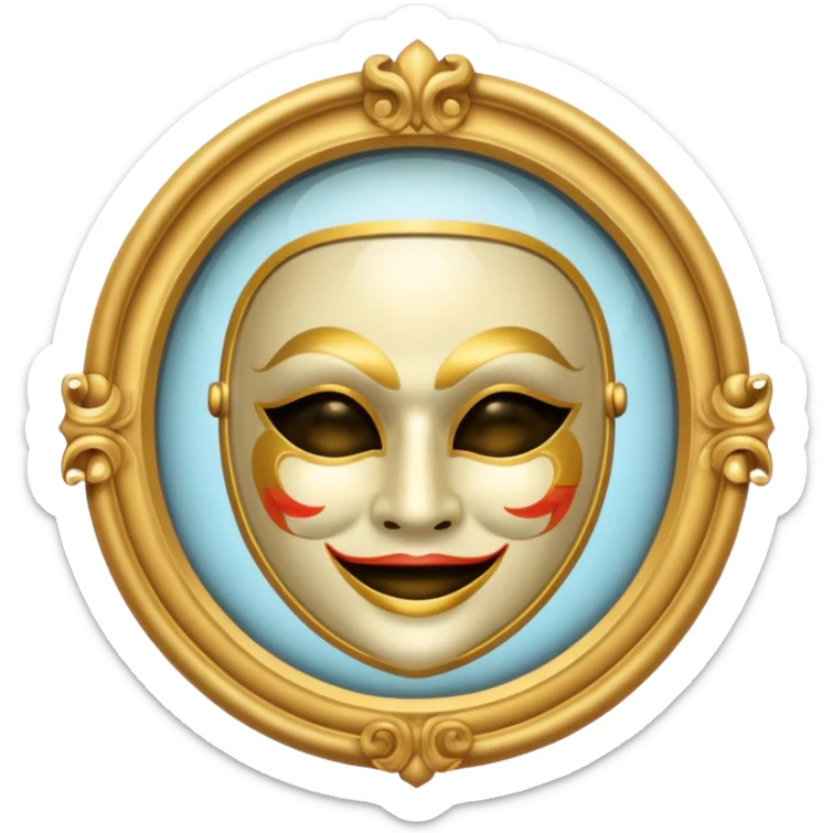 magic mirror on the wall of snow white. This is a round mirror with golden borders with a white theater mask inside  sticker