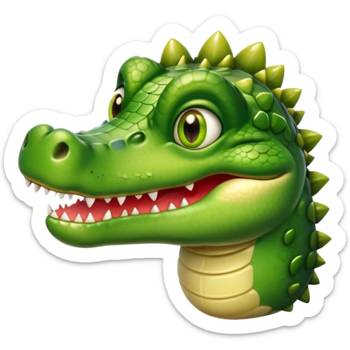Cinematic Realistic Cute Crocodile Portrait Emoji, Head tilted playfully and inquisitively, featuring a robust, well-defined build with intricately detailed, glossy olive-green scales and a surprisingly endearing face with round, sparkling eyes full of unexpected charm, rendered with lifelike texture and natural highlights, high shine, affectionate and spirited, styled with a touch of wild whimsy, soft glowing outline, capturing the essence of a mischievous yet lovable crocodile that seems poised to snap playfully out of the screen into your arms! sticker
