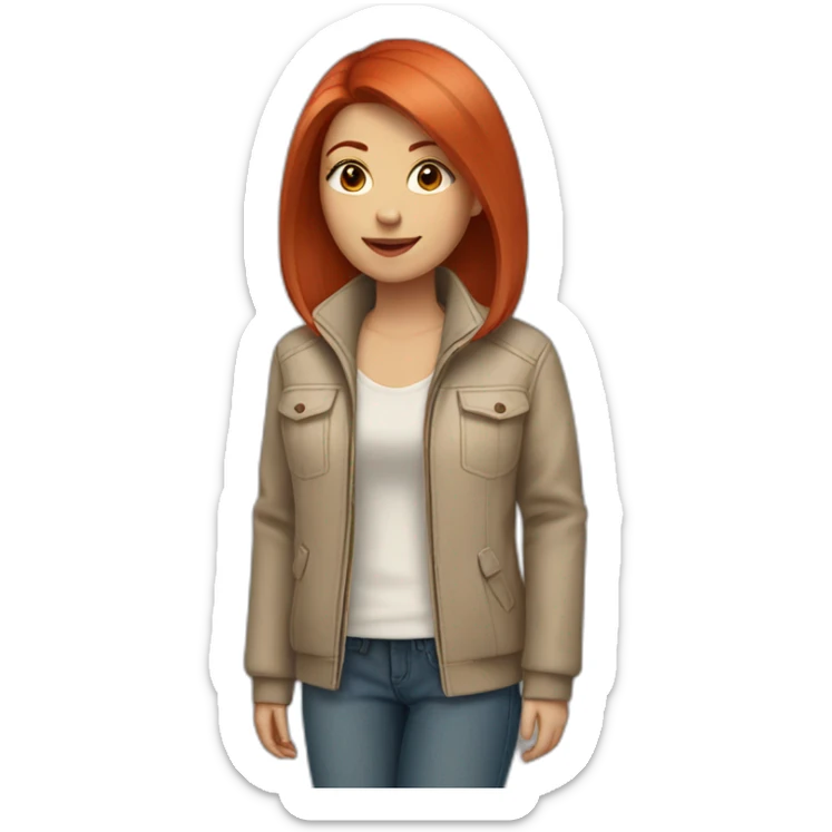 a girl with red straight hair of medium length, wearing a beige jacket and jeans sticker