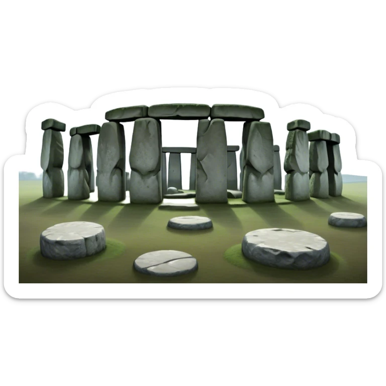 Cinematic Realistic Stonehenge Landscape Emoji, depicted with ancient, mysterious stone circles set against a moody sky, rendered with atmospheric lighting and detailed textures that evoke its prehistoric allure. sticker