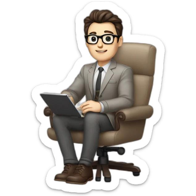 Pale skinned Fit Man With dark brown hair in gray jacket, beige office shirt and vintage glasses sitting In a soft chair with a notebook with emblem Ψ and a pen in his hands sticker