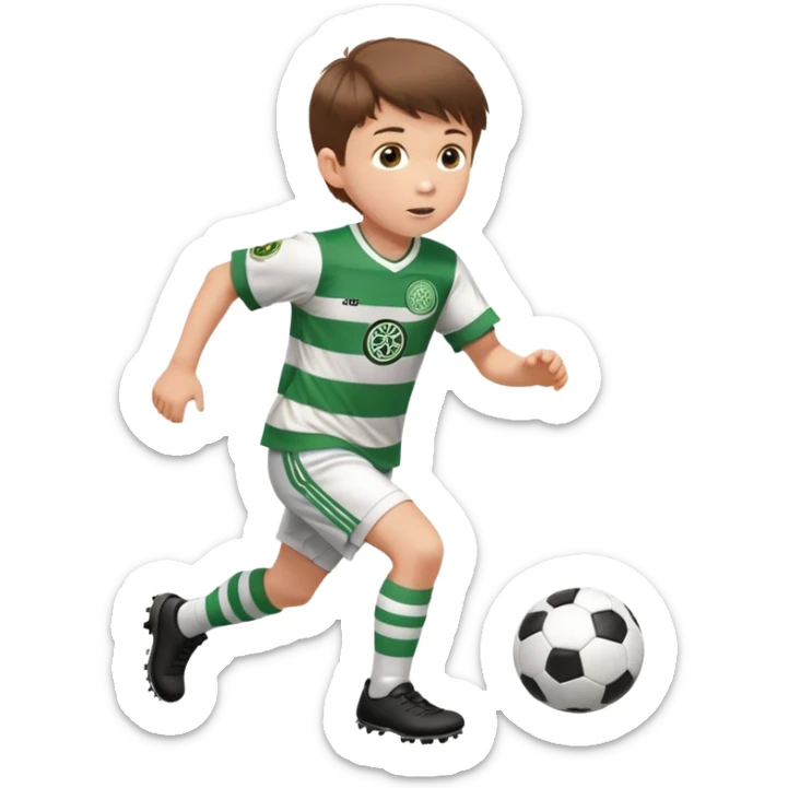 Celtic footballer jersey logo  6 years old brown hair white boy , brown eyes , stripes uniform , RUNNING  with soccer ball is number  17 celtic football logo  ONE CELTIC LOGO ONLY white shorts sticker