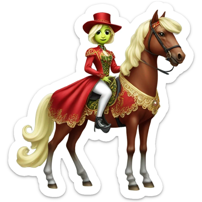 "galora green blonde alien woman" in red Victorian elegant dress, full body, rides "horse gold and white"
 sticker