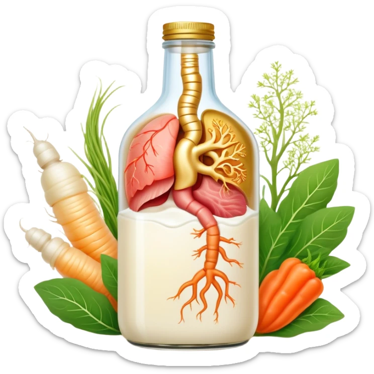 Probiotic foods (yogurt, kefir, kombucha bottle, miso, kimchi, sauerkraut) surrounding a glowing intestinal system. Tiny beneficial bacteria represented as golden particles flow between the foods and the intestine, creating a garden-like ecosystem of inner harmony and health. sticker