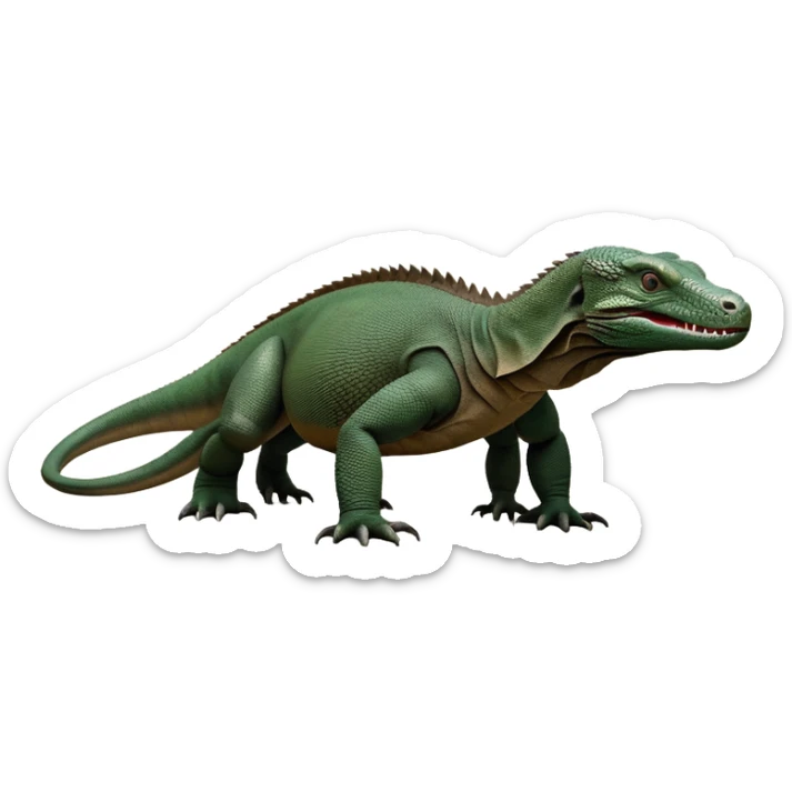 cinematic-komodo-dragon-realistic-full-body-standing on all fours-emoji,-massive-scaled-body-poised-with-quiet-power,-rough-textured-skin-dark-green-and-dark brown, black,-head-tilted-dramatically,-long-forked-tongue-flicking-out,-simplified-yet-realistic-focused-features,-highly-detailed,-glowing-with-an-almost-sarcastic-glow

 sticker