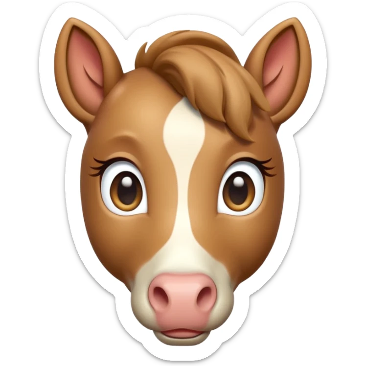 3D Apple-style emoji of a cute foal (young horse). Small body, big eyes, short mane, light brown color, rounded and glossy, smooth shading, white background.
 sticker