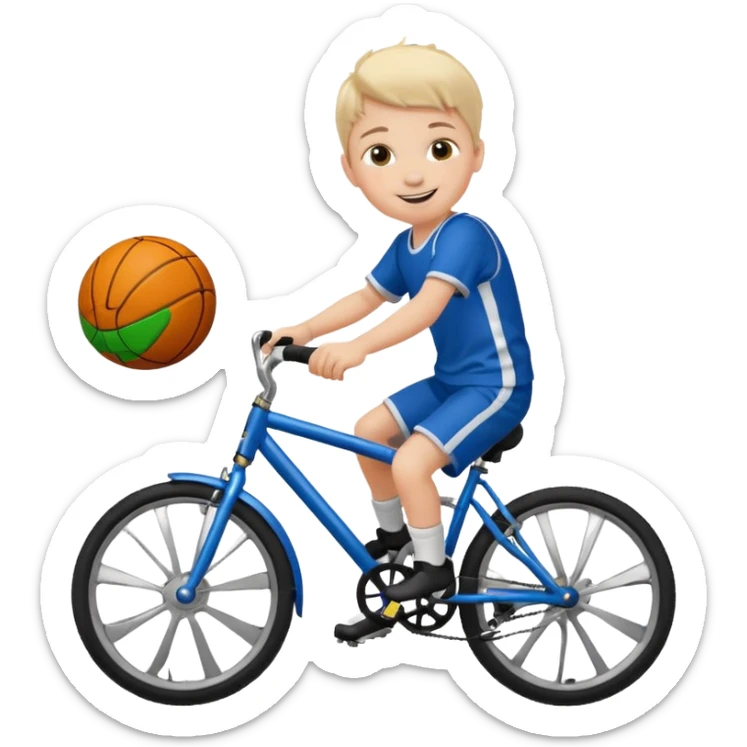 A child on a bicycle, with a soccer ball and a basketball nearby sticker