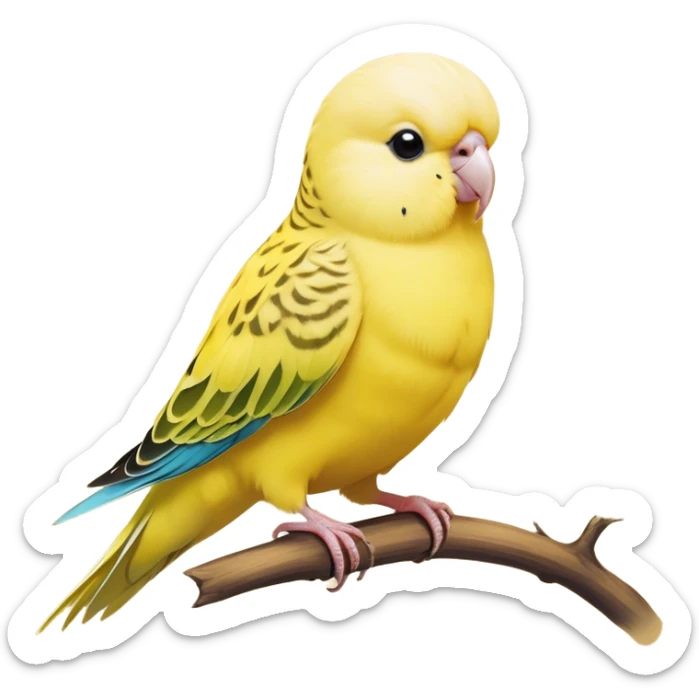 Cinematic Noble Yellow Budgie Portrait Emoji, Poised and regal, with a petite, delicate build and a smooth, well-groomed fur of brilliant yellow feathers, deep-set soulful dark eyes, Simplified yet sharp and sophisticated features, highly detailed, glowing with a soft, dignified glow, high shine, intelligent and charming, stylized with an air of elegance, focused and attentive, soft glowing outline, capturing the essence of a watchful and confident avian companion, so majestic it feels as though it could flutter out of the screen with effortless authority! sticker
