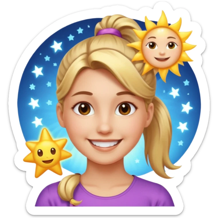 An Emoji of girl with ponytail, who can be described by three words: sun, moo, star sticker