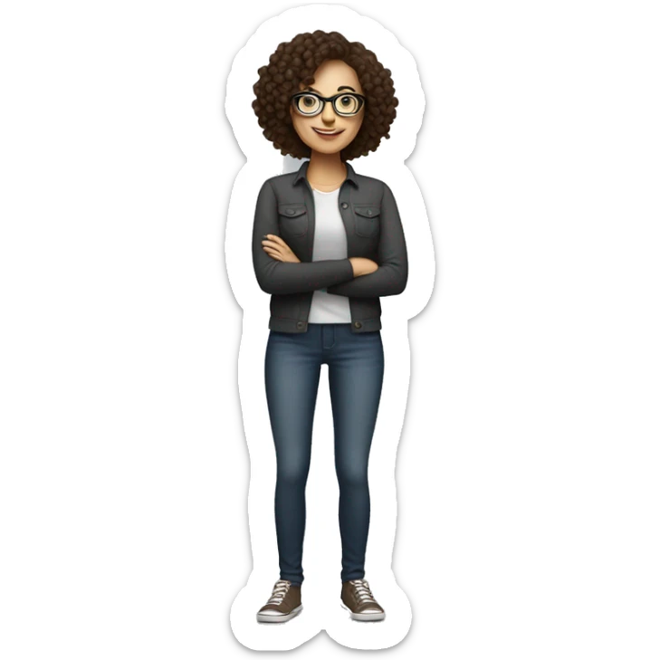 A white woman with glasses and little dark brown curly hairs full body representing something happily full body sticker
