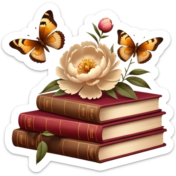 Peonies in muted beige and amber tones stand among rustic brown-red books. Gentle brown butterflies dance in the soft, vintage light. sticker