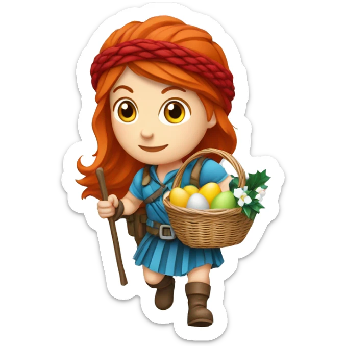 red hair female winter mountaineer climbing with Easter eggsbasket and Greek flag sticker