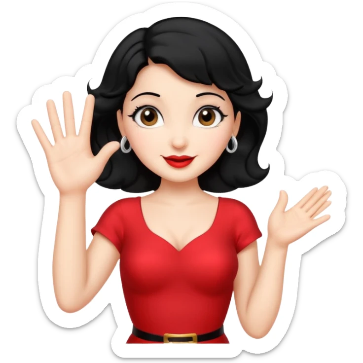Do not change the face I already created, I want her with Betty boop face and black hair saying happy hello waving her hand sticker