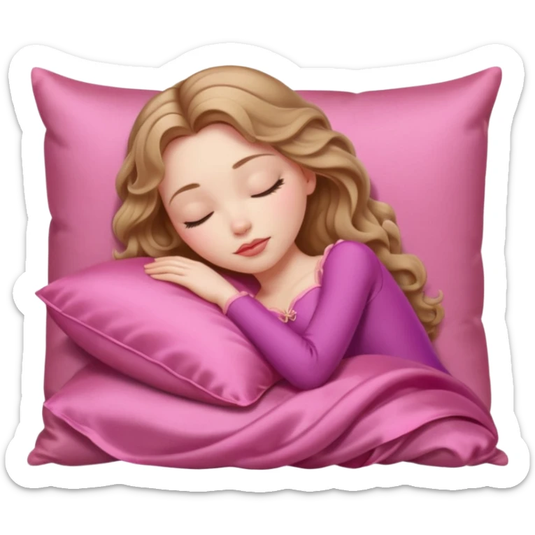 sleeping beauty girl with pale skin and light brown wavy hair with a pink silk pillow sticker