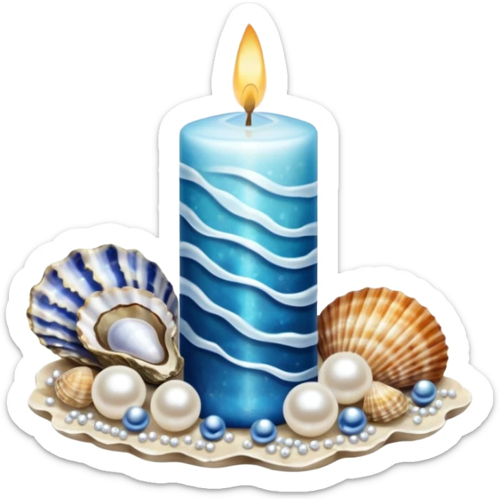 Ocean-themed candle with seashells, sea pearls, oysters, pearl necklaces, ocean waves patterns, blue, shiny pearl whites sticker