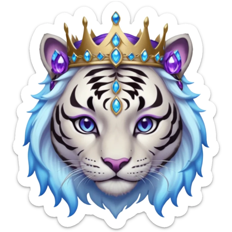 ESO Female white/black tiger khajiit leader of the umbral rose, glowing blue eyes, glowing blue 'third eye' gem; silver crown/tiara with purple gems  sticker