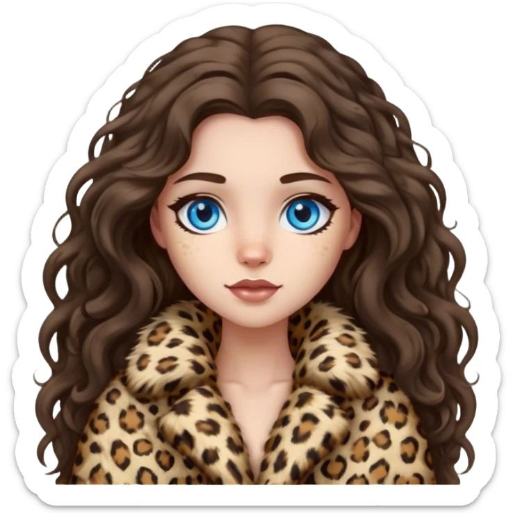 Brunette girl with long wavy hair and blue eyes in fluffy leopard fur coat  sticker