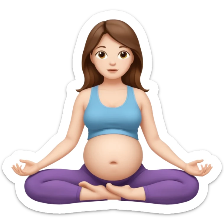 Pregnant woman sitting in a yoga pose with long brown hair and fair skin,." sticker