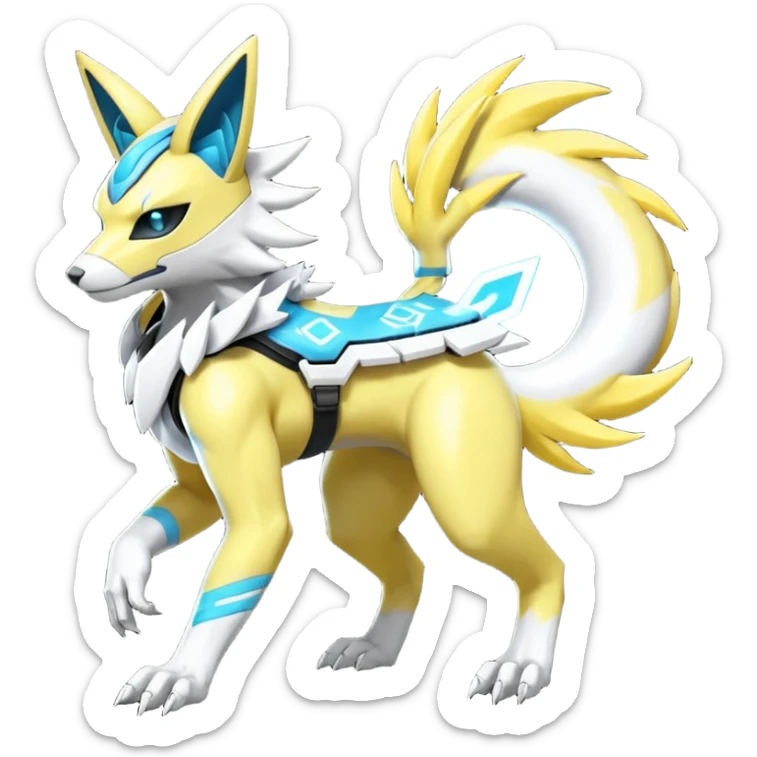 Shiny cyan yellow white electric complex futuristic white-cyber-masked Zeraora-Renamon-Electrike-Umbreon-Lombax-Weregarurumon-fusion-creature (full body sticker