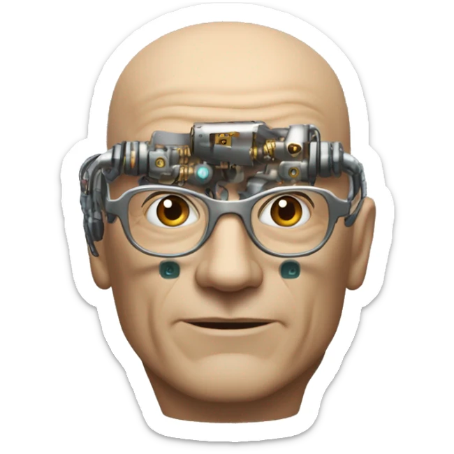 Older Male cyborg head with metallic plated face, brown flat top haircut, glasses and circuitry sticker