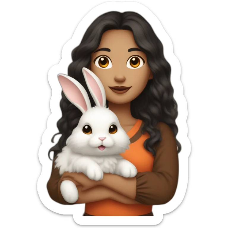 woman with white skin with brown eyes and long wavy black hair in a brown blouse is holding a very fluffy orange rabbit sticker
