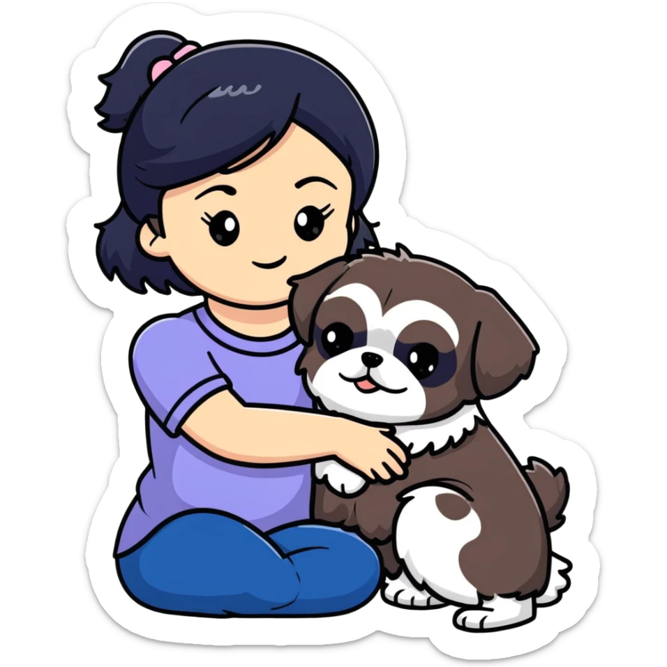 A girl with black hair hugging a Shih Tzu dog sticker