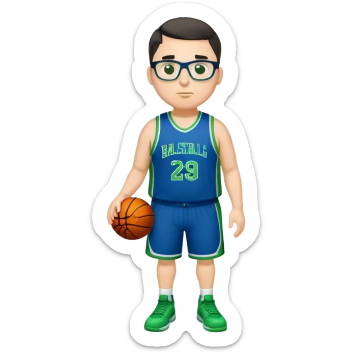 Full Body plus size white male with dark short hair basketball player wearing glasses wearing blue green uniform sticker