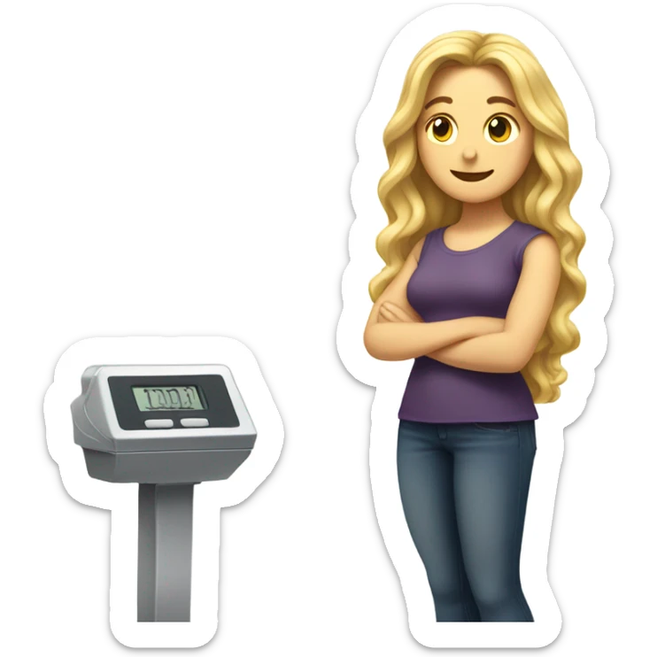 White woman, long hair, blonde hair, wavy hair, standing on scale, weight loss sticker