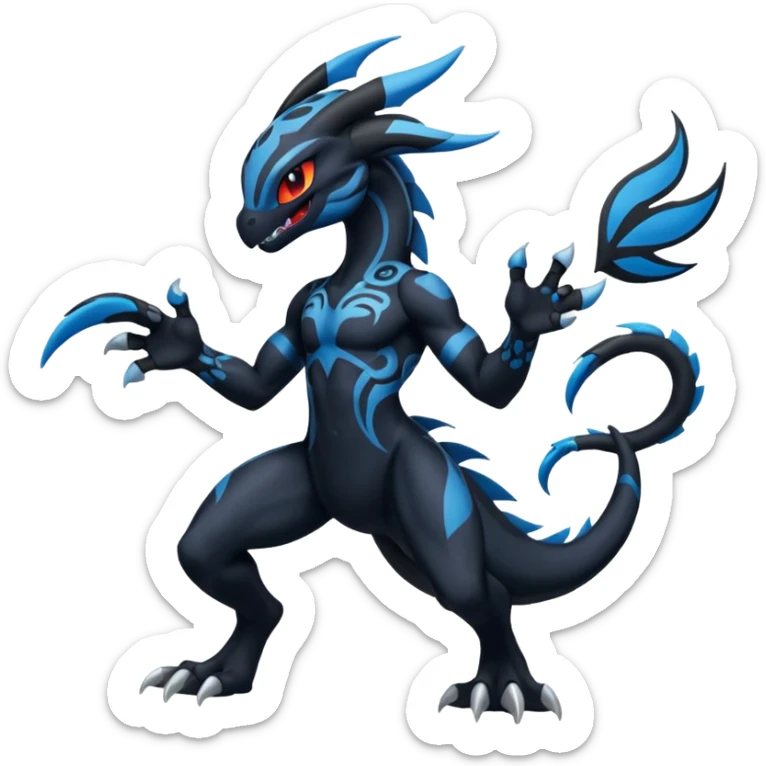 Black and Blue Meloetta-Venom-Stitch-Zekrom-Salandit-fusion, full body, tribal markings  sticker