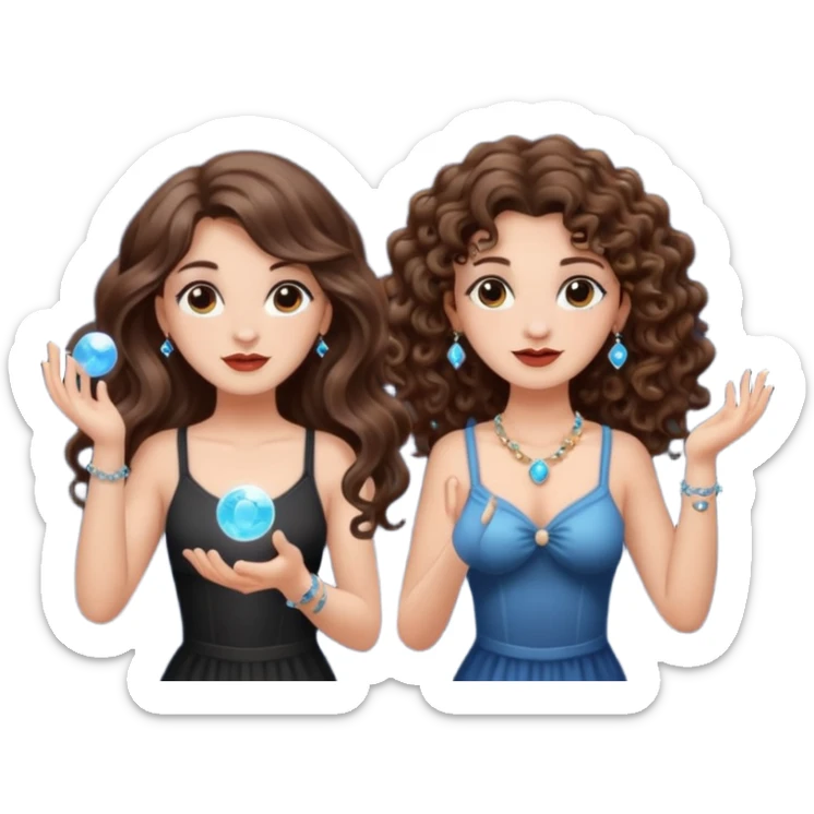 moon juggling — long wavy brown hair tattooed woman and short tight curly brown hair woman — tiny moons and crystals sticker