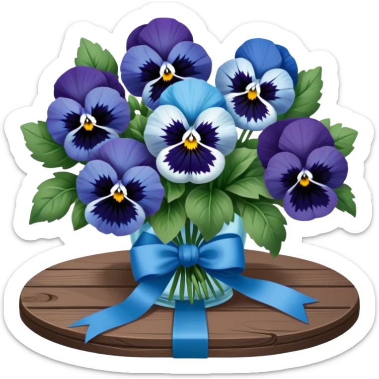 A beautifully tied deep green ribbon wrapped around a bouquet of soft blue pansies, displayed on an antique wooden table. sticker