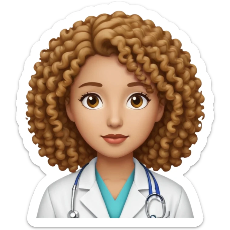 woman with curly hair, light brown skin, wearing hospital lab coat sticker