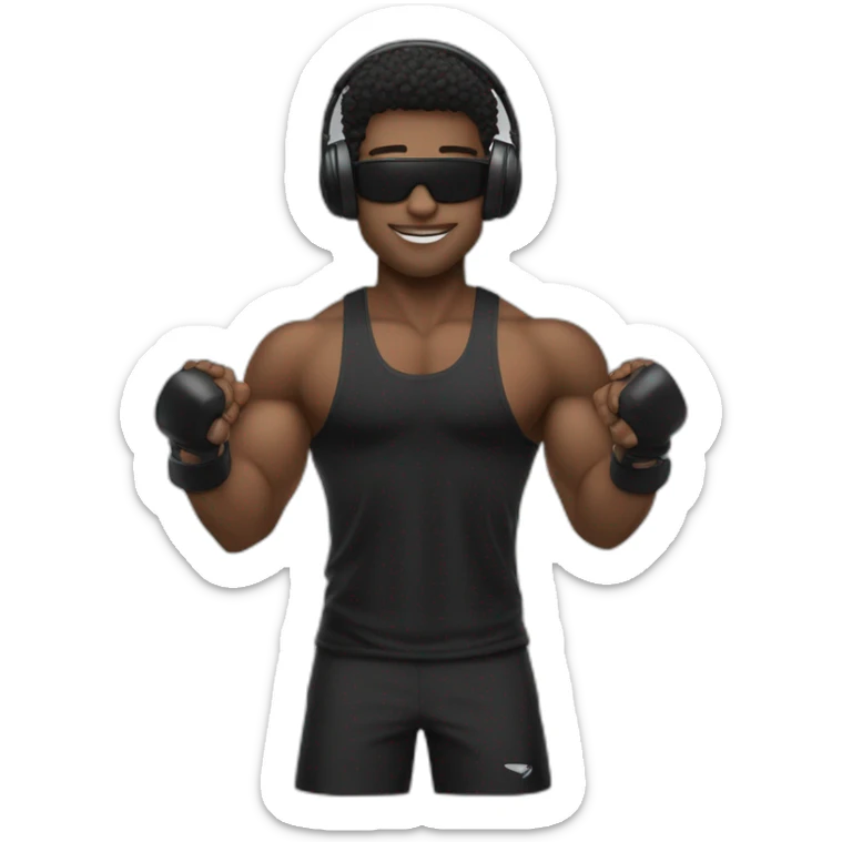 CHICO DE PELO NEGRO OJOS NEGROS Y CAMISETA NEGRA EN FORMA CON UNOS CASCOS DE MUSICA BLANCOS Y UNA PESA DEL GYM EN LA MANO sticker