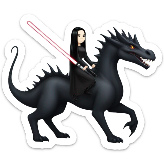  beautiful armored teen Morticia Addams Jedi riding on the back of a very large black shiny dragon sticker