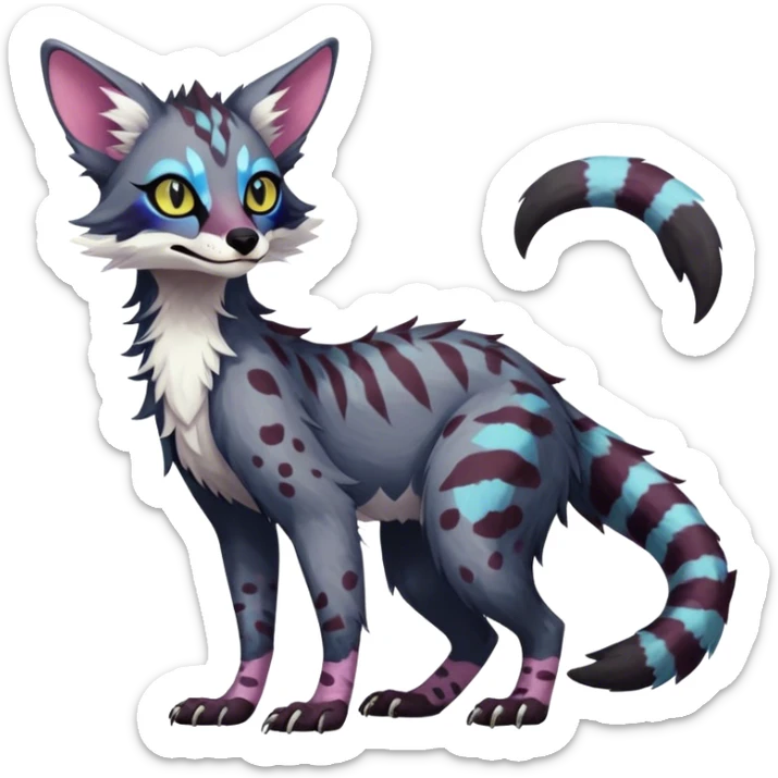 Feral Rare Fantasy dark colorful pastel vibrant Vernid-Sergal-Genet-Trico-species by LiLaiRa, random markings, tufted tail, tufted ears, full body sticker