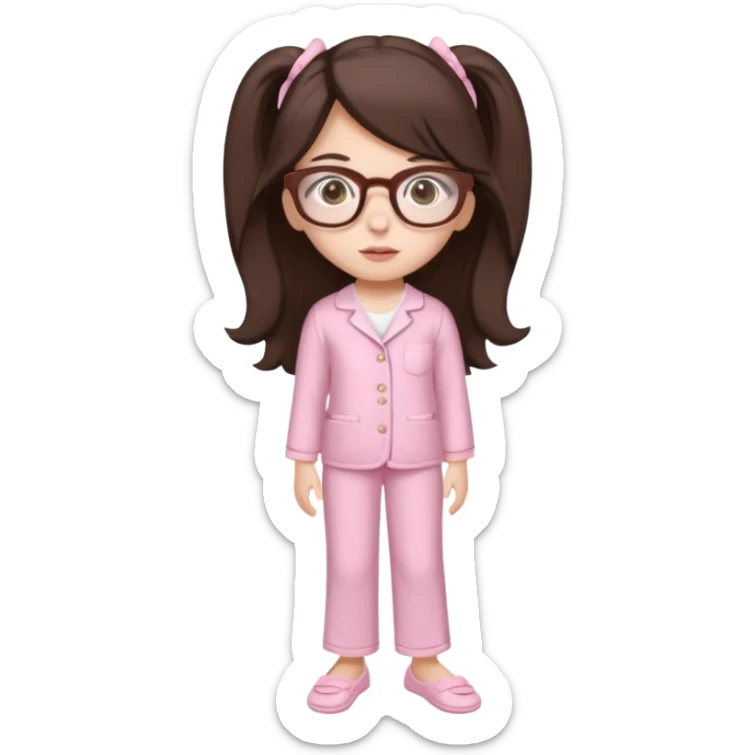 Girl age 20 years old with dark brown long hair, light skin, brown eyes, wearing a miu miu glasses the brown ones, and wearing a top in white with a pair of pyjama pants in pink and it's mocked in light pink too and a slipper in white and she looks pretty  sticker